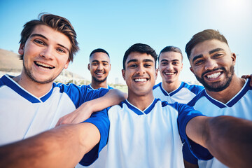 Soccer player men, team selfie and field for social media post, memory and smile with friends at...