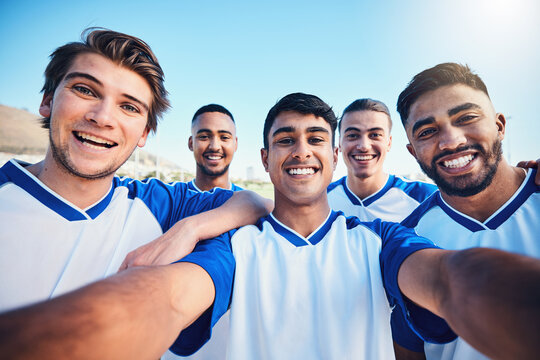 Soccer player men, team selfie and field for social media post, memory and smile with friends at training. Football group, happy and photography for profile picture, sports and diversity in sunshine