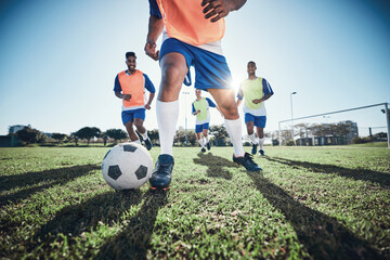 Football, men and exercise with action, field and wellness with workout goal, fitness and...