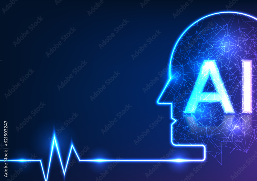 Poster discover modern technology. featuring the face of a robot with interlocking lines and ai characters,