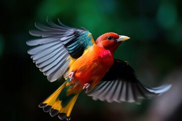 Beautiful tropical bird in flight on blurry background