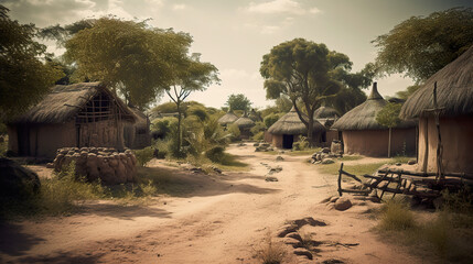 Illustration of a village in Africa with a small path. Empty African village seen from above with intriguing details. African clay houses in local village. Realistic 3D illustration. Generative AI