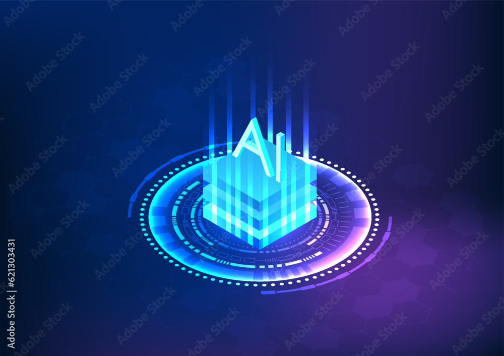 Poster isometric, with the composition of the image, is an ai microchip. below is a technology circle. it m
