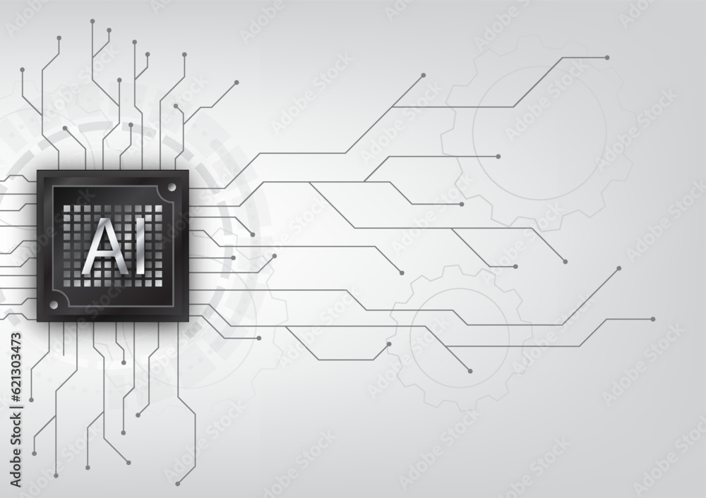 Poster artificial intelligence technology with a vector illustration showcasing a microchip surrounded by a