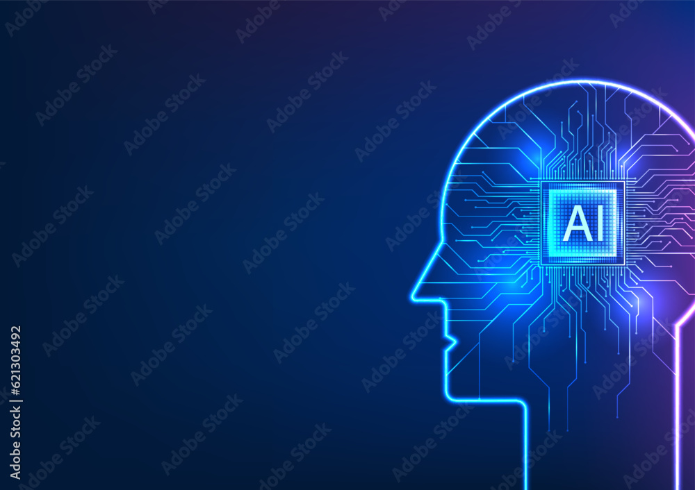 Poster robot synergy of ai technology. inside, an artificial intelligence microchip is intricately connecte