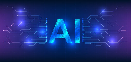 Artificial intelligence technology within a global technological network. With circuit lines forming AI characters connected by circuit boards, it represents the seamless connection