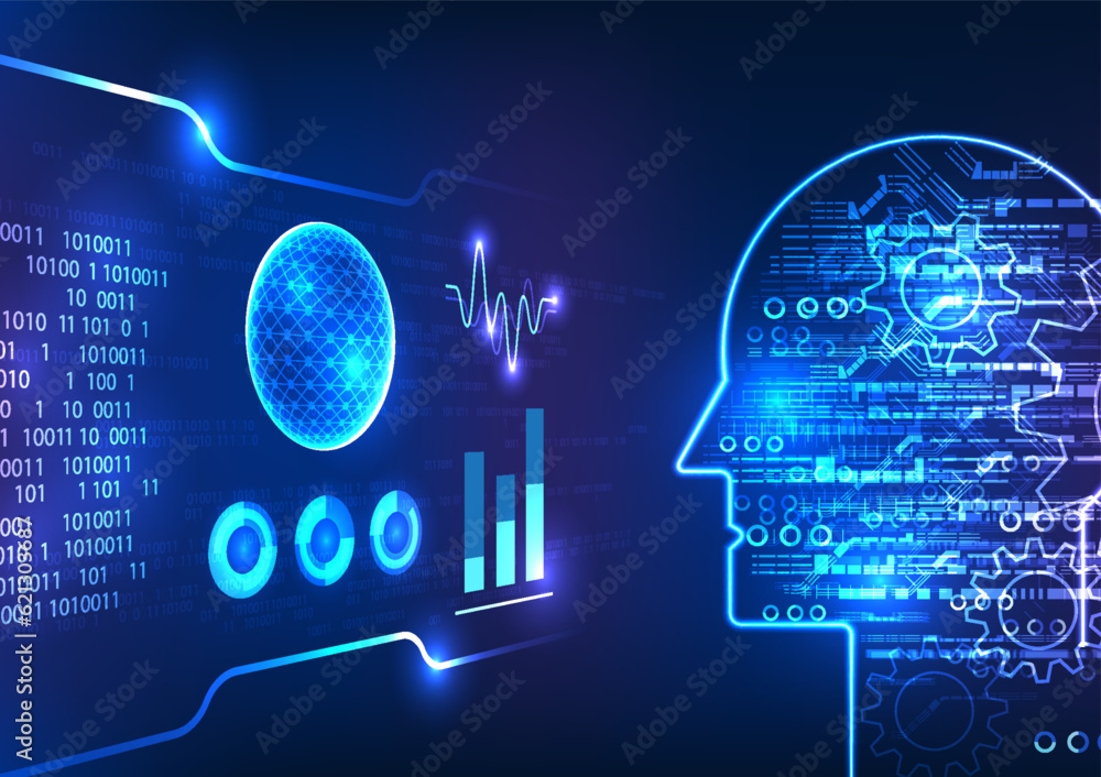 Poster artificial intelligence technology. technology screen reveals an eager robot learning, its circuit b