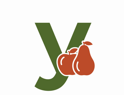 lowercase letter y with apple and pear. creative fruit alphabet logotype. harvest and gardening design. vector image