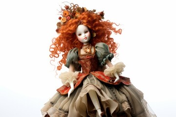 Fototapeta na wymiar Old porcelain doll with beautiful dress. Red haired porcelain doll on white background
