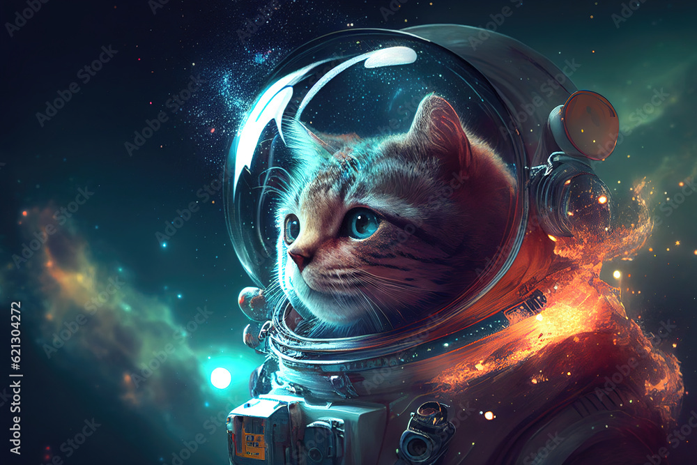 Poster little cat in space. realistic 3d animation. Generative AI