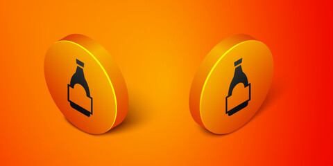 Isometric Soy sauce bottle icon isolated on orange background. Orange circle button. Vector