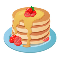 Pancakes cartoon style. Pancakes with honey and strawberries, berries, delicious american breakfast, vector