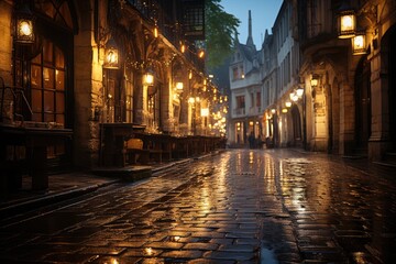 Fototapeta na wymiar An antique European city center, cobblestone streets wet from a recent rain, reflecting soft lights of nearby lanterns. Generative AI