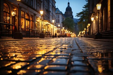 Obraz premium An antique European city center, cobblestone streets wet from a recent rain, reflecting soft lights of nearby lanterns. Generative AI