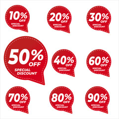 Discount price tag, Price 10 20 30 40 50 60 70 80 90 percent, Red special promotion sticker badge set for shopping marketing, advertisement clearance sale, special offer element, Vector illustration