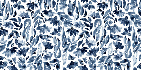 Watercolor floral in dark blue and white. Seamless pattern. 