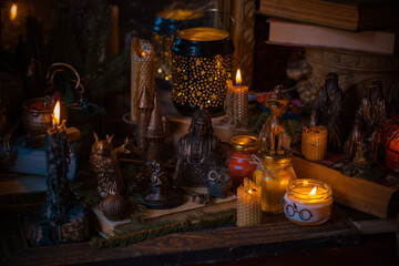 Magical scene, esoteric and wicca concept, fortune telling, witch stuff on a table	