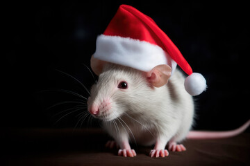 rat in Santa hat on black background. Mouse in Christmas hat looks at place for text. Symbol of the year. chinese horoscope. Calendar. New year 2024. Holiday december, Christmas, Happy New Year