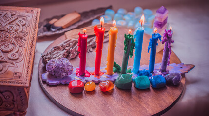 Magical scene, esoteric and wicca concept, fortune telling, witch stuff on a table	