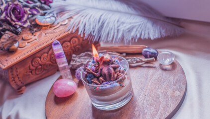 Magical scene, esoteric and wicca concept, fortune telling, witch stuff on a table	
