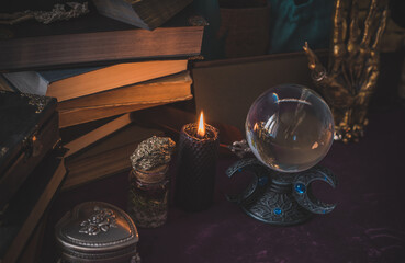 Magical scene, esoteric and wicca concept, fortune telling, witch stuff on a table	