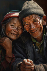 Naklejka na ściany i meble Smiling elder Nepal couple embracing together. Photorealistic image. Generative AI