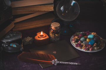 Fototapeta na wymiar Magical scene, esoteric and wicca concept, fortune telling, witch stuff on a table 