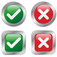 A set of Cross and check mark icons on white background, vector buttons, red and green vector check mark icons. Illustration.