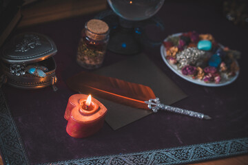 Magical scene, esoteric and wicca concept, fortune telling, witch stuff on a table	