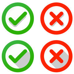 A set of Cross and check mark icons on white background, vector buttons, red and green vector check mark icons. Illustration.