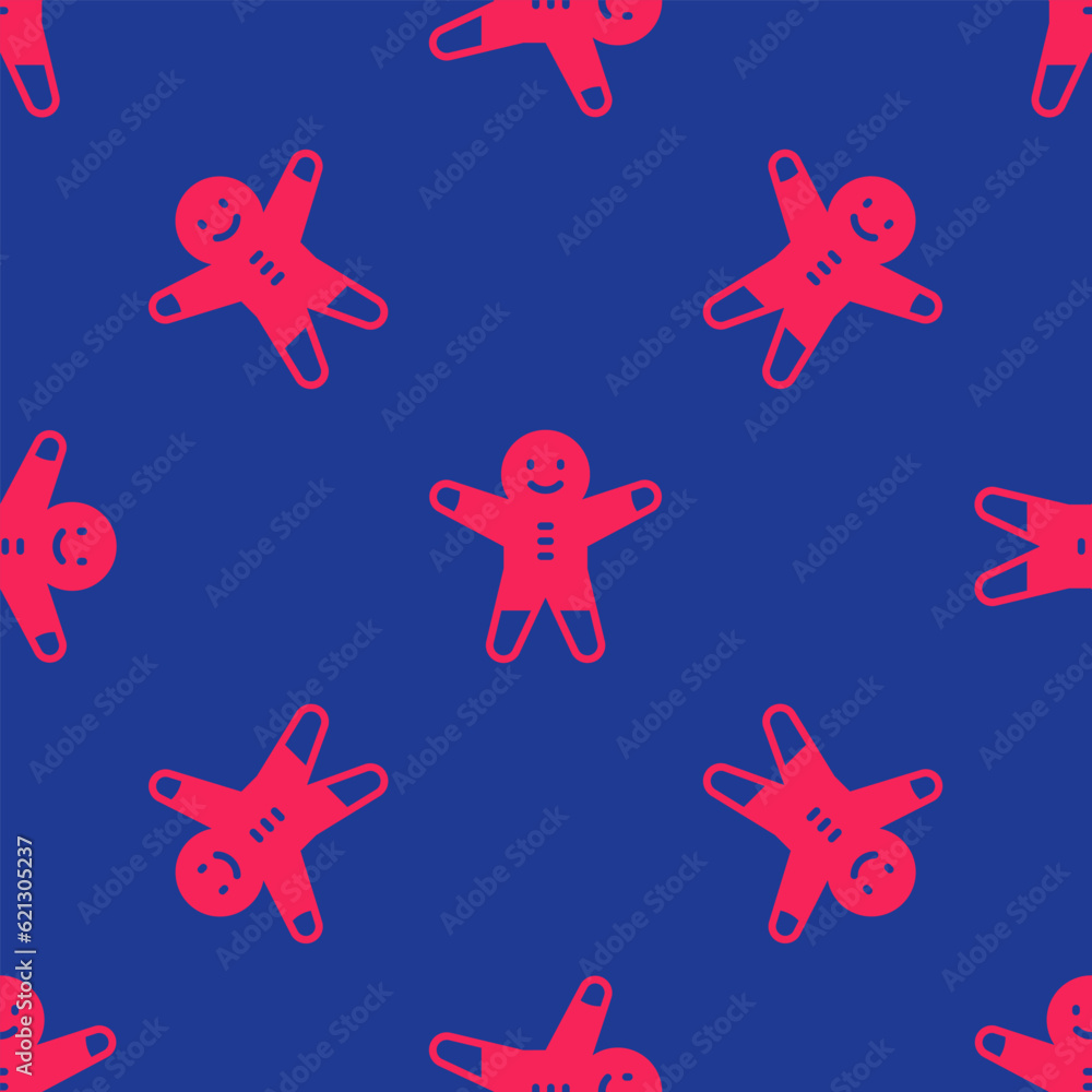 Poster red holiday gingerbread man cookie icon isolated seamless pattern on blue background. cookie in shap