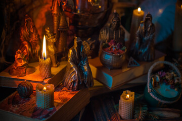 Magical scene, esoteric and wicca concept, fortune telling, witch stuff on a table	