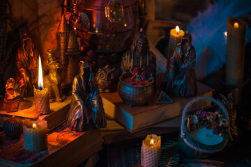 Magical scene, esoteric and wicca concept, fortune telling, witch stuff on a table	