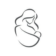Logo with mother and baby. Stylized outline symbol. Motherhood, love, mother care, woman, child, baby sling. Silhouette, icon logo sign Vector illustration