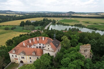 Schloss Strahl,Castle strela (Zamek Strela) aerial panorama view of historical landmark Manor house