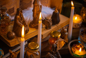 Magical scene, esoteric and wicca concept, fortune telling, witch stuff on a table	