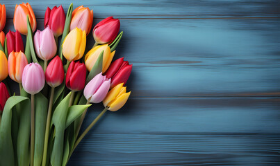 Colorful tulips on a blue wooden background in pastel hues. AI Generated