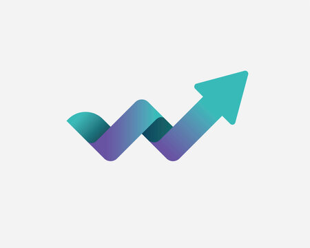 Upward direction arrow vector icon showing business growth bar graph. W letter like arrow with gradient vector graphic symbol. Upward arrow fintech logo isolated on white background.