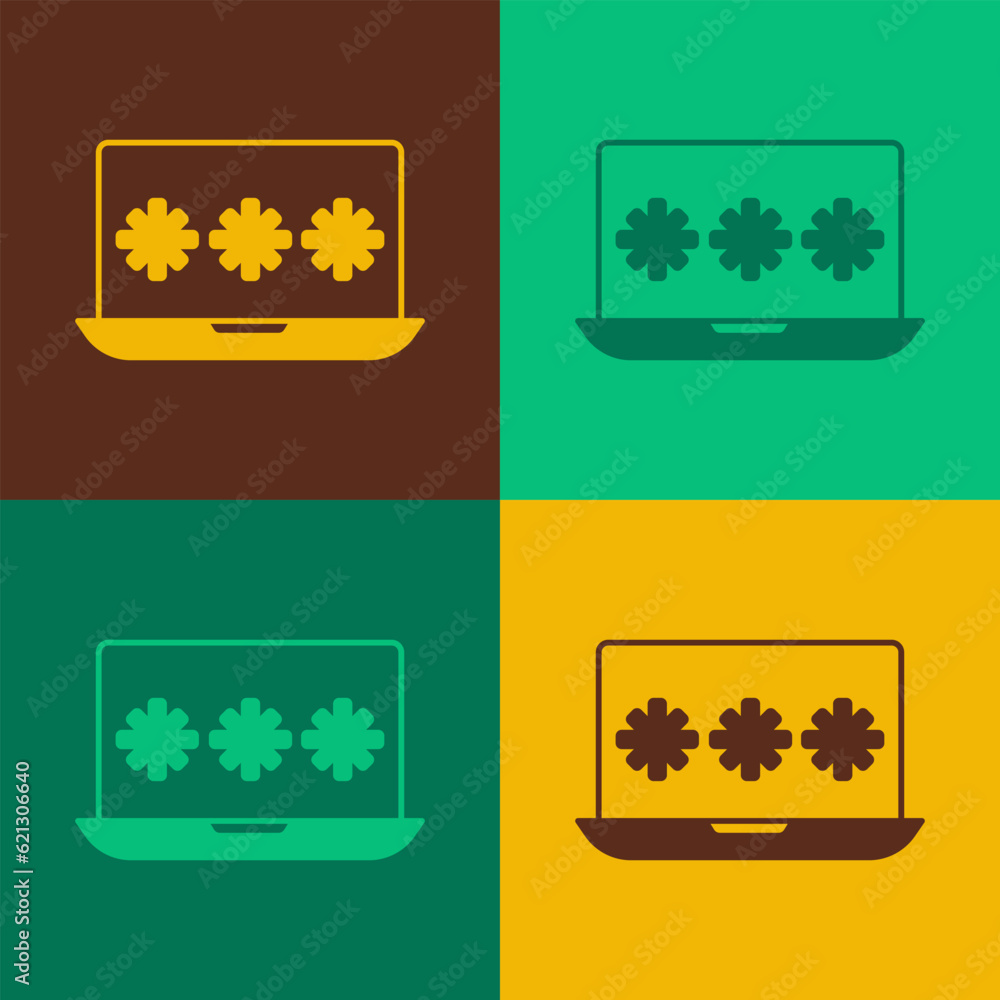 Poster pop art laptop with password notification icon isolated on color background. security, personal acce