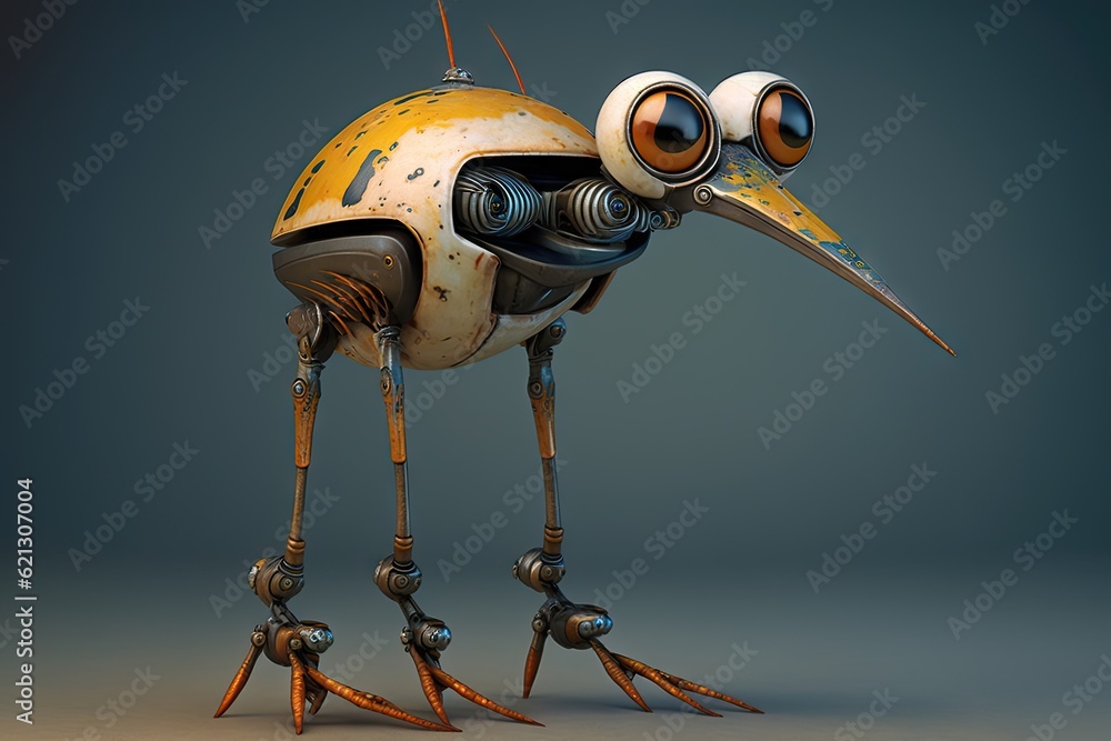 Poster robot bird with a long beak on a gray background