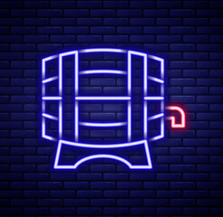 Glowing neon line Wooden barrel on rack with stopcock icon isolated on brick wall background. Colorful outline concept. Vector