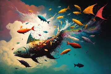 Fototapeta na wymiar Underwater world with fish and watercolor effect