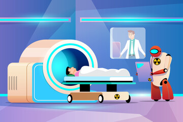 X-ray room robot work with radiation of a magnetic resonance imaging (MRI) scanner machine and doctor. Vector illustration