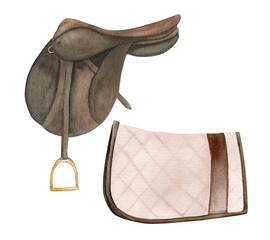 Watercolor illustration of equestrian equipment brown saddle and saddle pad, ammunition and accessories for horse riding. Isolated.