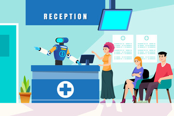 Fototapeta na wymiar Medical clinic reception vector illustration. Robot doctor and patient sitting at reception desk. Healthcare and medicine. Welcome robots in hospitals for registration
