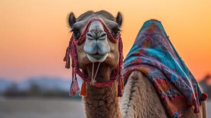 A camel wearing a decorative scarf. Camel for tourist travel is on the sand next to the desert. Camel photographed in the desert with cold lighting. Realistic 3D illustration. Generative AI - obrazy, fototapety, plakaty