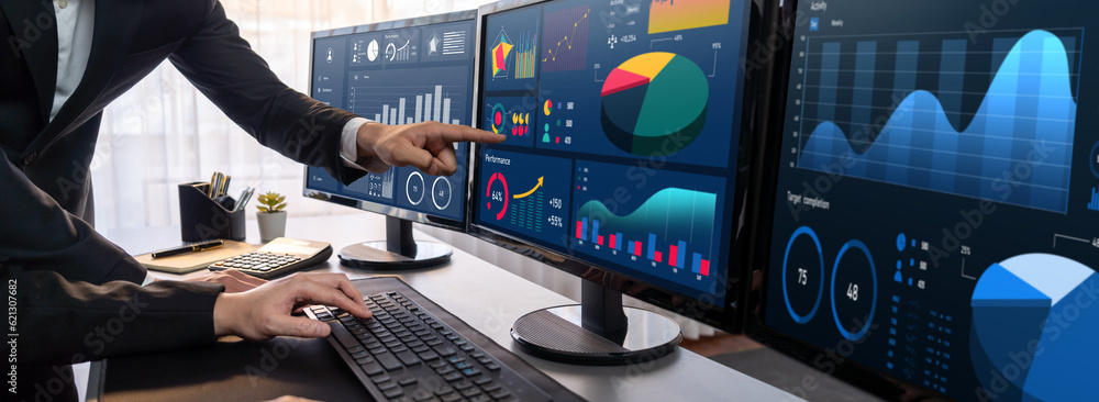 Poster analyst working on data analysis or bi dashboard on computer monitor. business team analyzing financ
