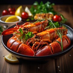 Dish with lobster Culinary Photography, delicious, vibrant colors, natural lighting, appetizing mood, indoor setting