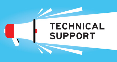 Color megaphone icon with word tecnical support in white banner on blue background