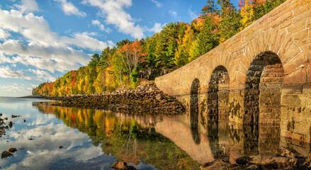 Acadia National Park autumn colors - Loop Road at Otter Cove bridge causeway - low tide